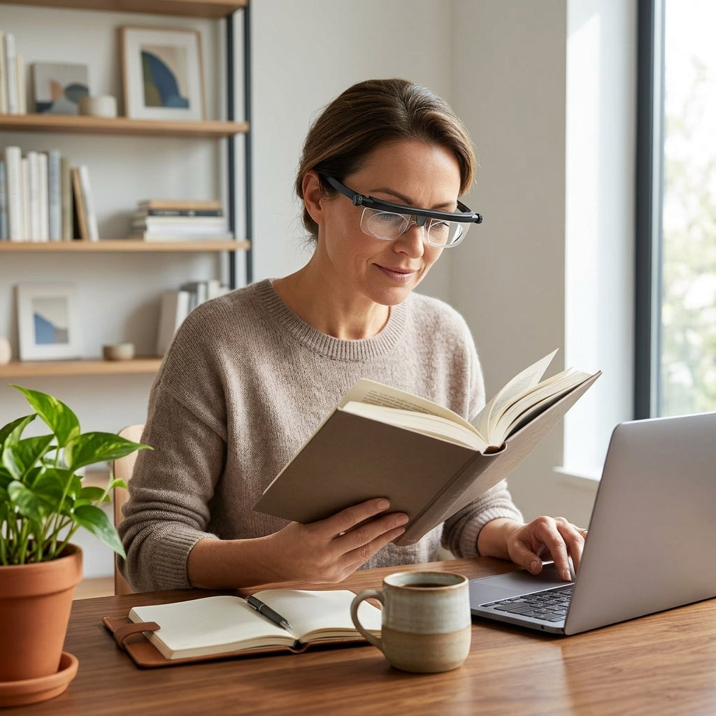 Reading Glasses with Near and Far Vision Adjustable Magnification