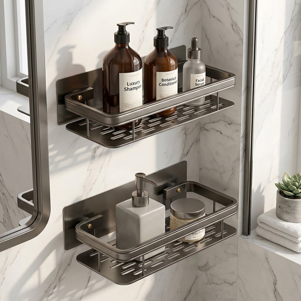 Corner wall mounted bathroom shelf without drilling