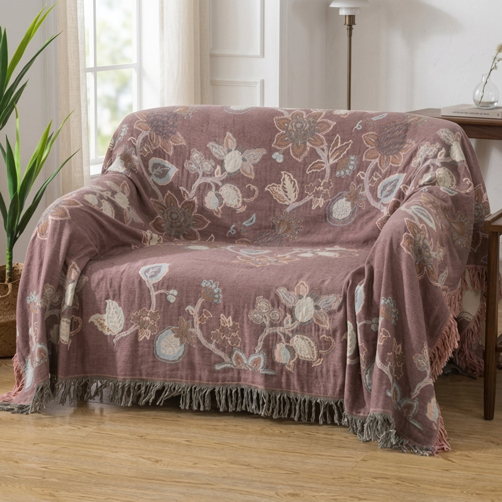 Floral cotton summer throw blanket for sofa bed - dusty pink