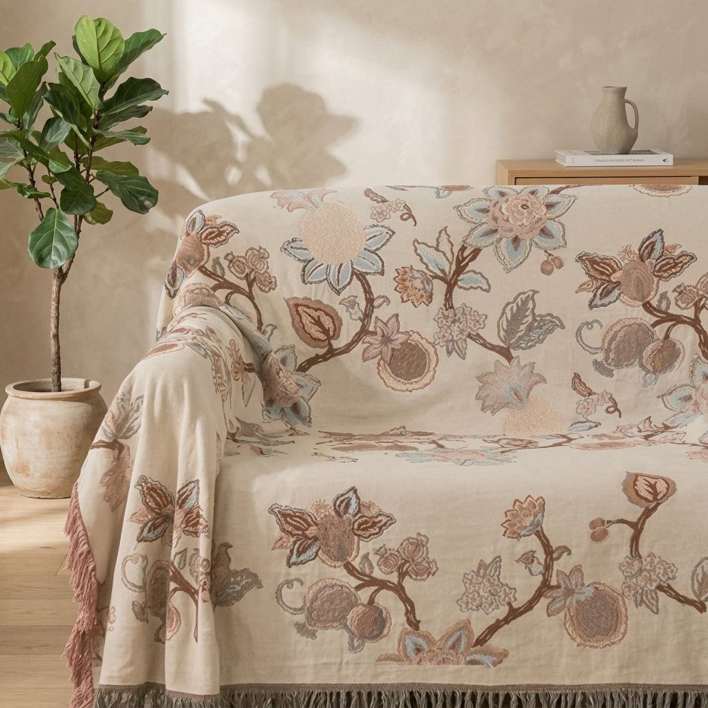 Floral cotton summer throw blanket for sofa bed - flower cream