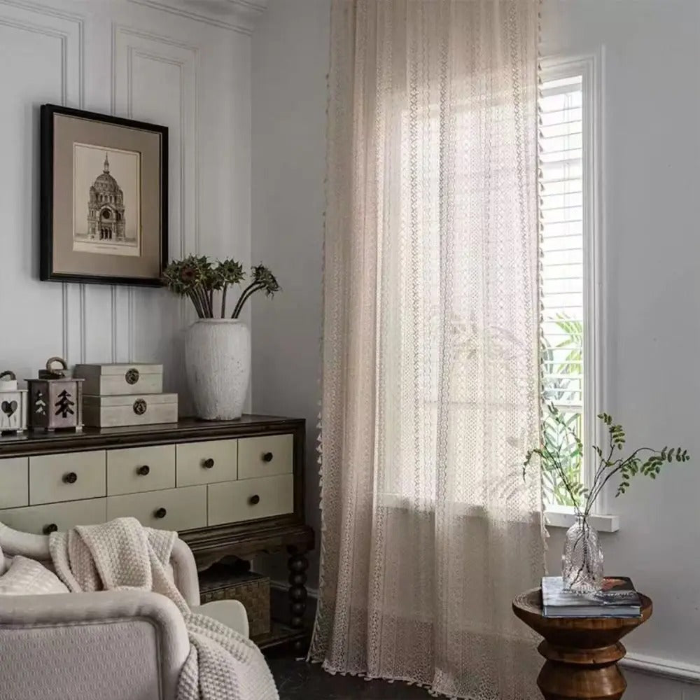 Boho geometric fringed sheer curtain with light filtering