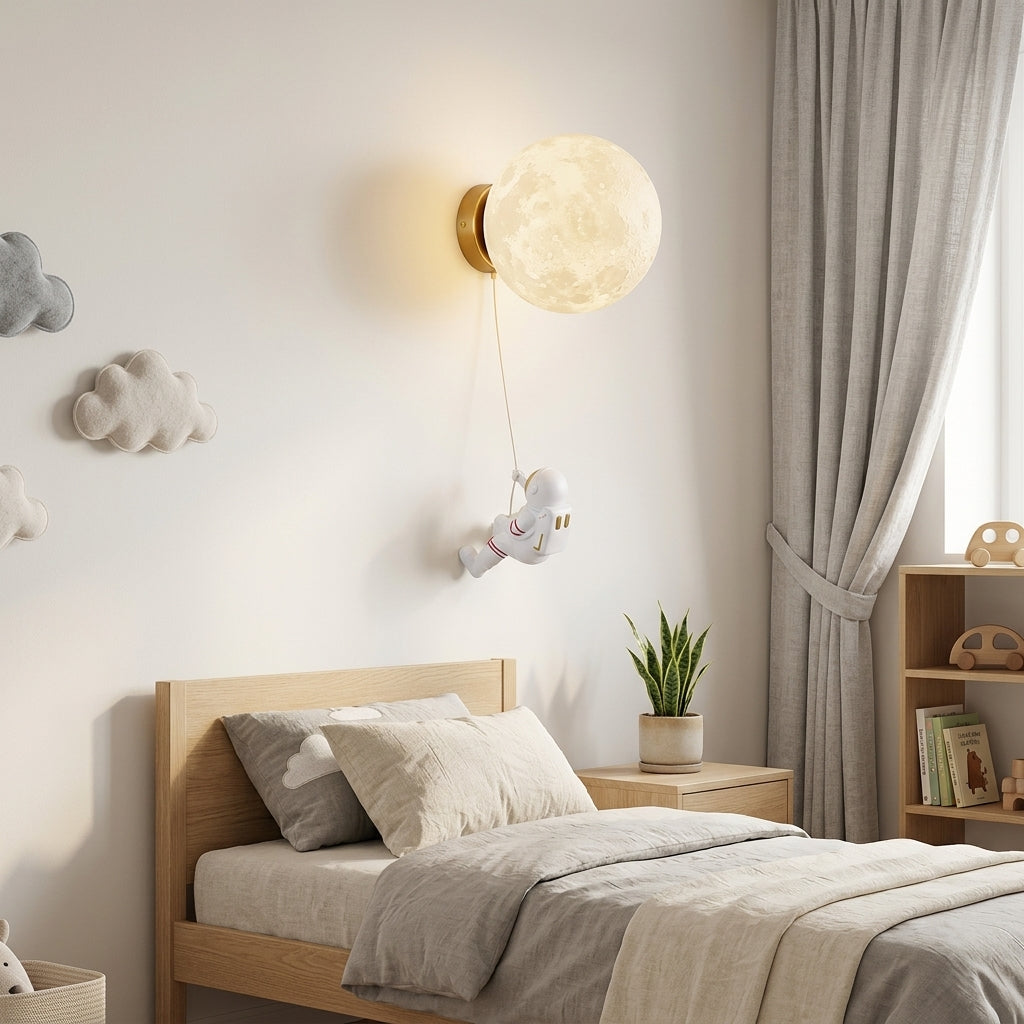 Kids bedroom LED wall light with astronaut moon design
