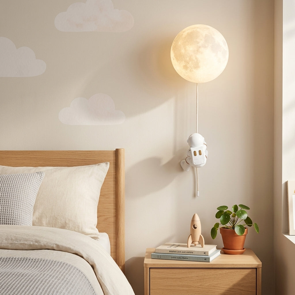 Kids bedroom LED wall light with astronaut moon design