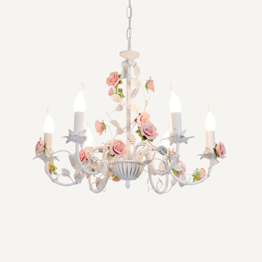 Chandelier with vintage floral ceramic rose branches