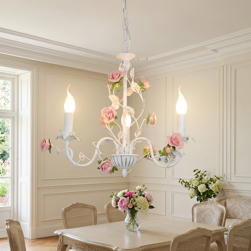Chandelier with vintage floral ceramic rose branches - white & pink