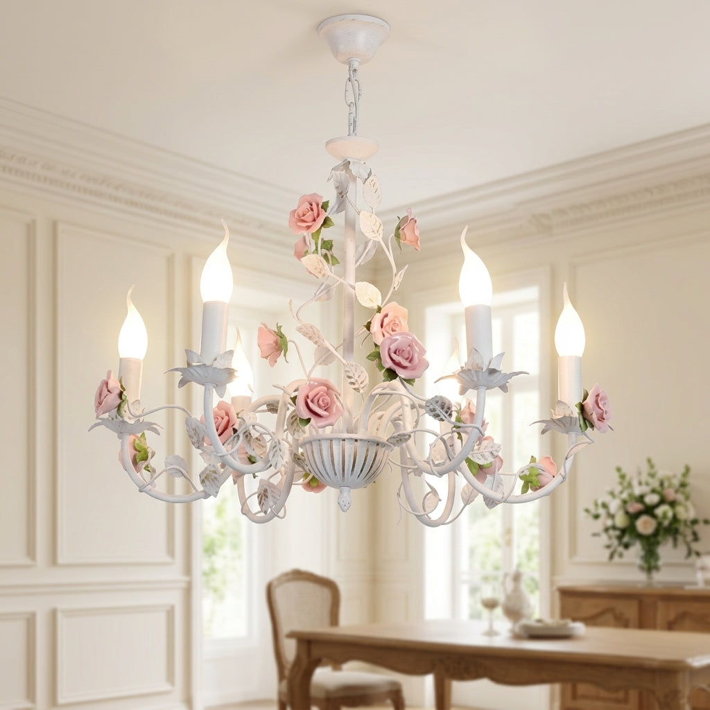 Chandelier with vintage floral ceramic rose branches - white & pink