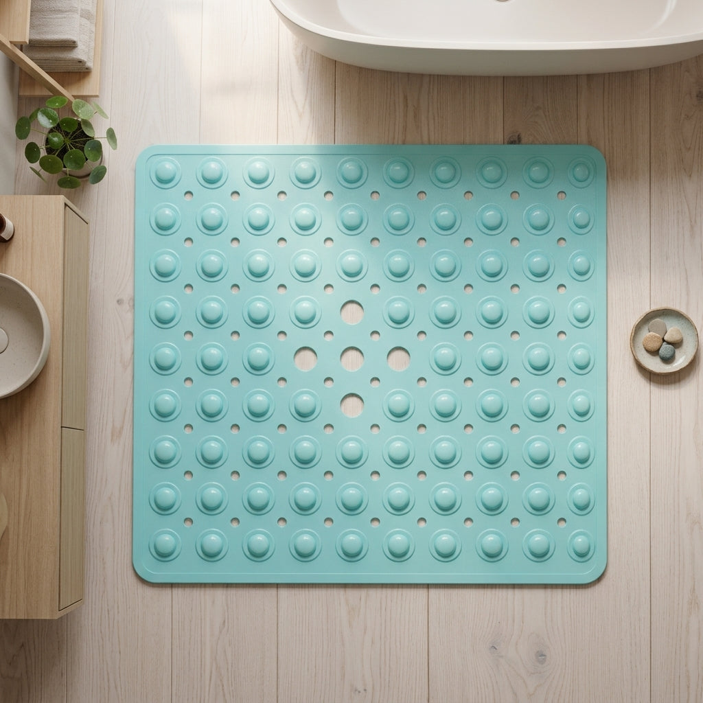 Shower Mat With Square Non Slip Drainage Holes - aqua blue