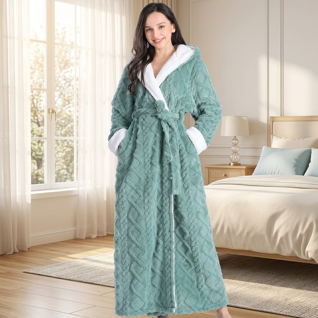 Women's hooded winter robe with belt and pockets - green