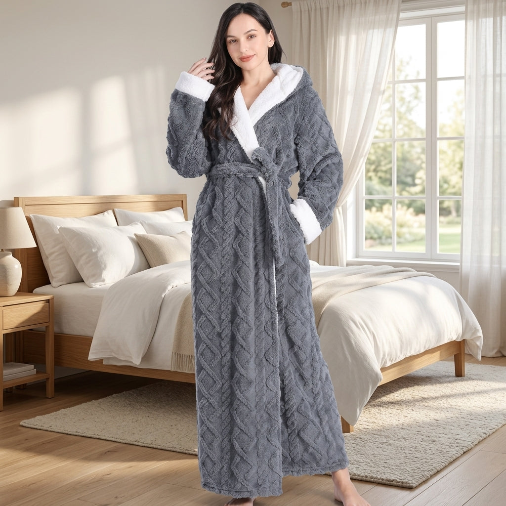 Women's hooded winter robe with belt and pockets - gray