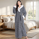 Women's hooded winter robe with belt and pockets - gray