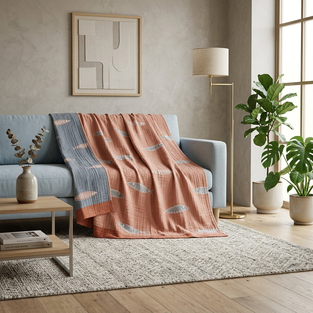 Reversible fish pattern summer throw blanket for sofa - delicate peach