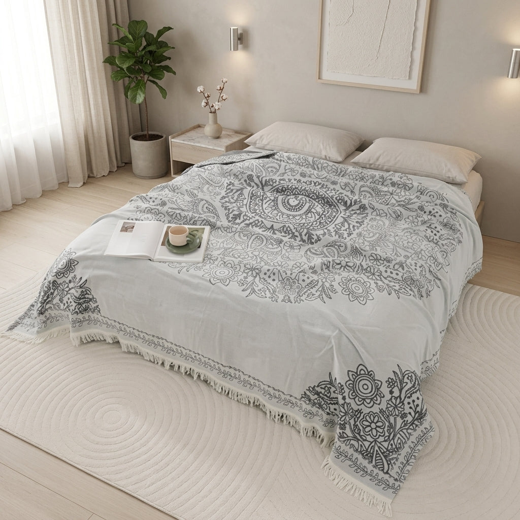 Reversible boho throw blanket with decorative fringes - white