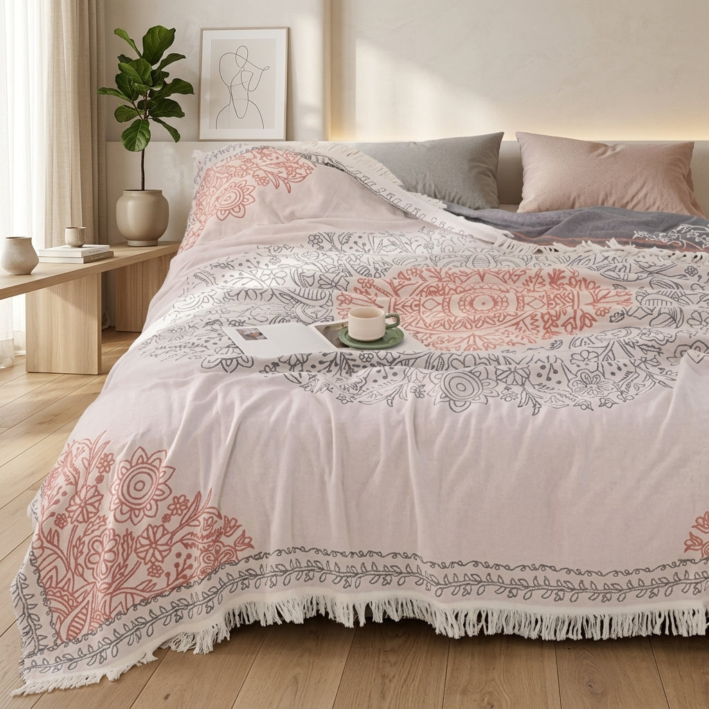 Reversible boho throw blanket with decorative fringes - pink