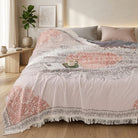 Reversible boho throw blanket with decorative fringes - pink