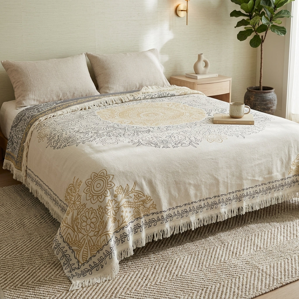 Reversible boho throw blanket with decorative fringes - yellow