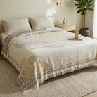 Reversible boho throw blanket with decorative fringes - yellow