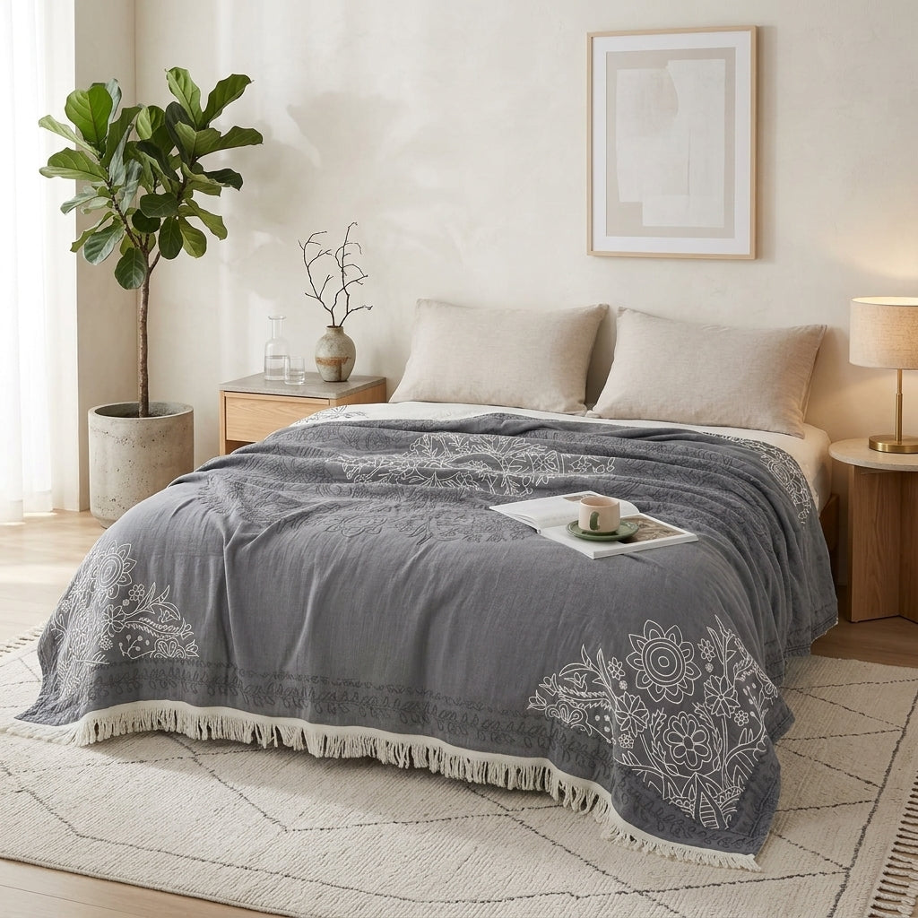 Reversible boho throw blanket with decorative fringes - gray
