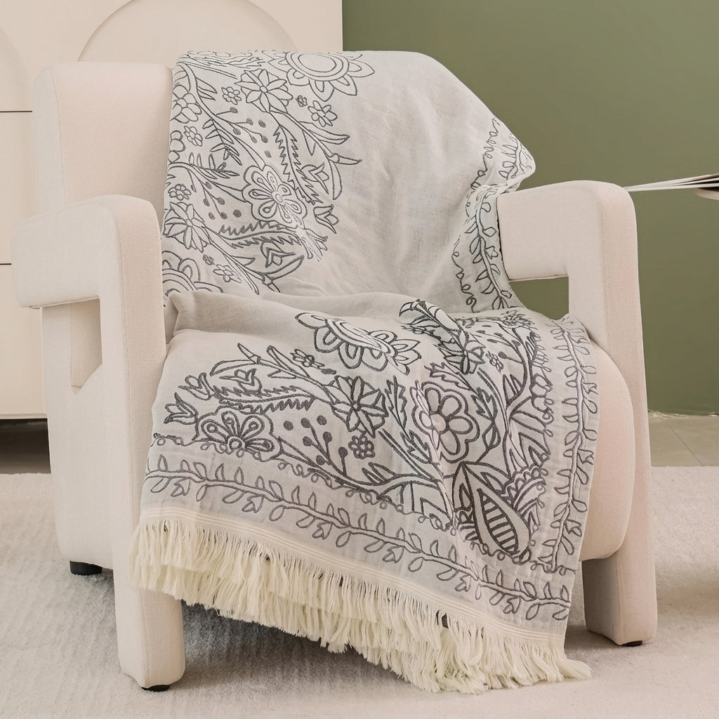 Reversible boho throw blanket with decorative fringes