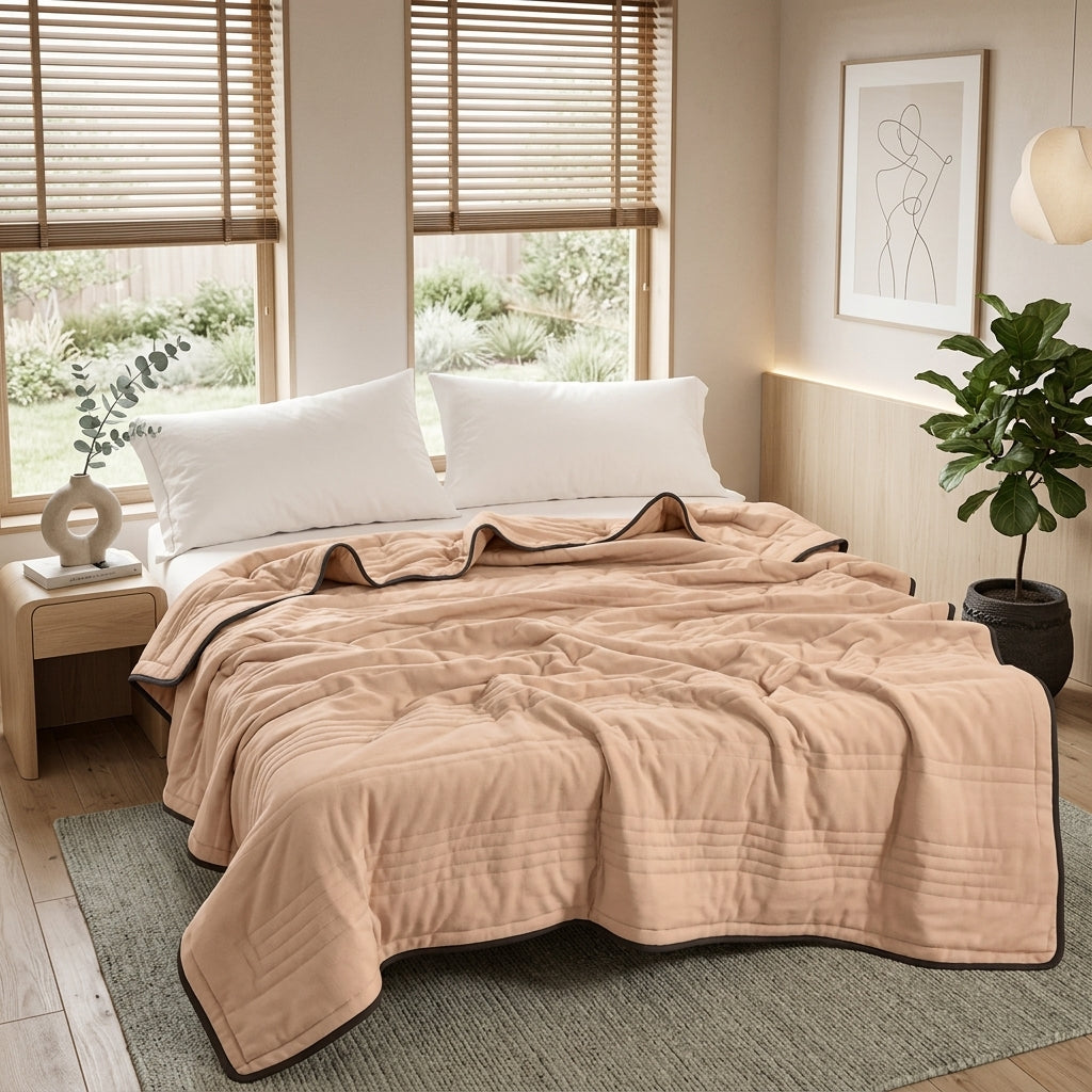 Quilted summer bedspread coverlet for bed - beige