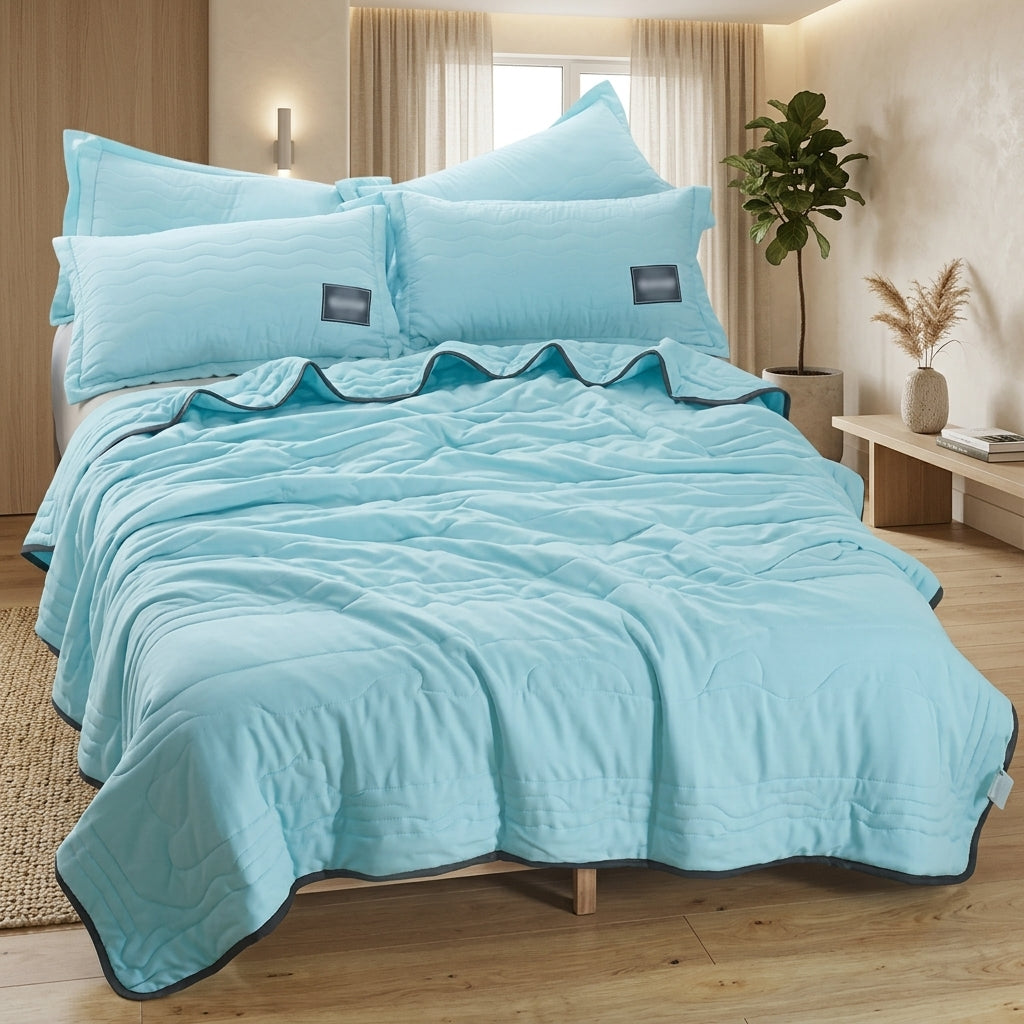 Quilted summer bedspread coverlet for bed - light blue