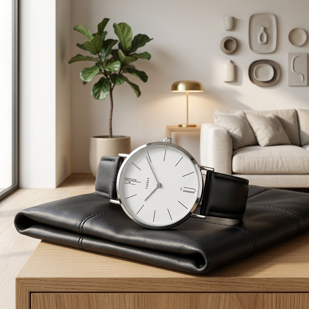 Watch for Men with Antique Style Minimalist Dial and Strap - black white