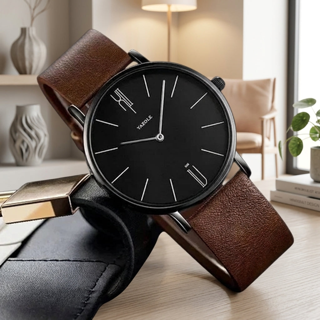 Watch for Men with Antique Style Minimalist Dial and Strap - brown black