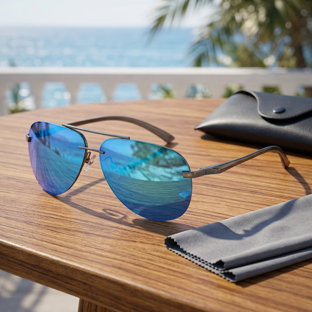 Sunglasses for Men with Polarised Aviator Lenses and Metal Frame - blue gray