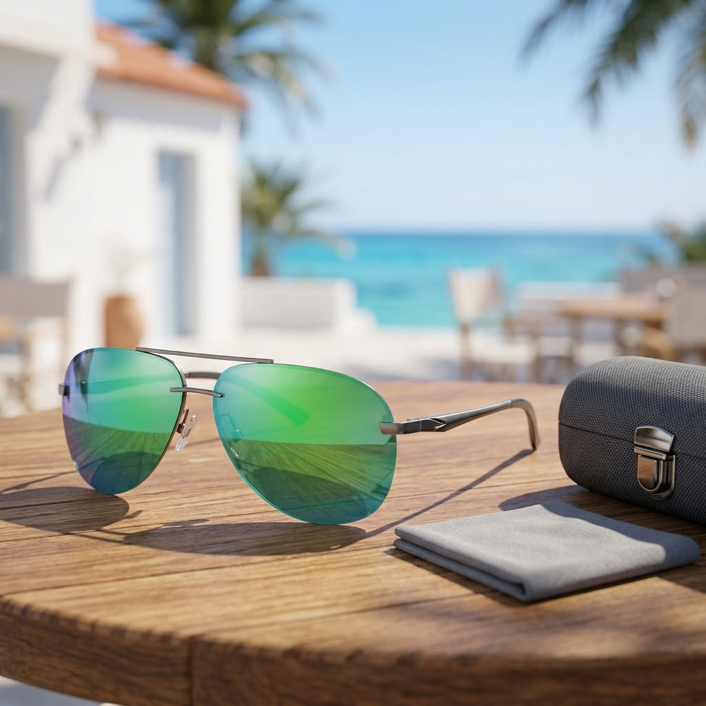 Sunglasses for Men with Polarised Aviator Lenses and Metal Frame - green gray