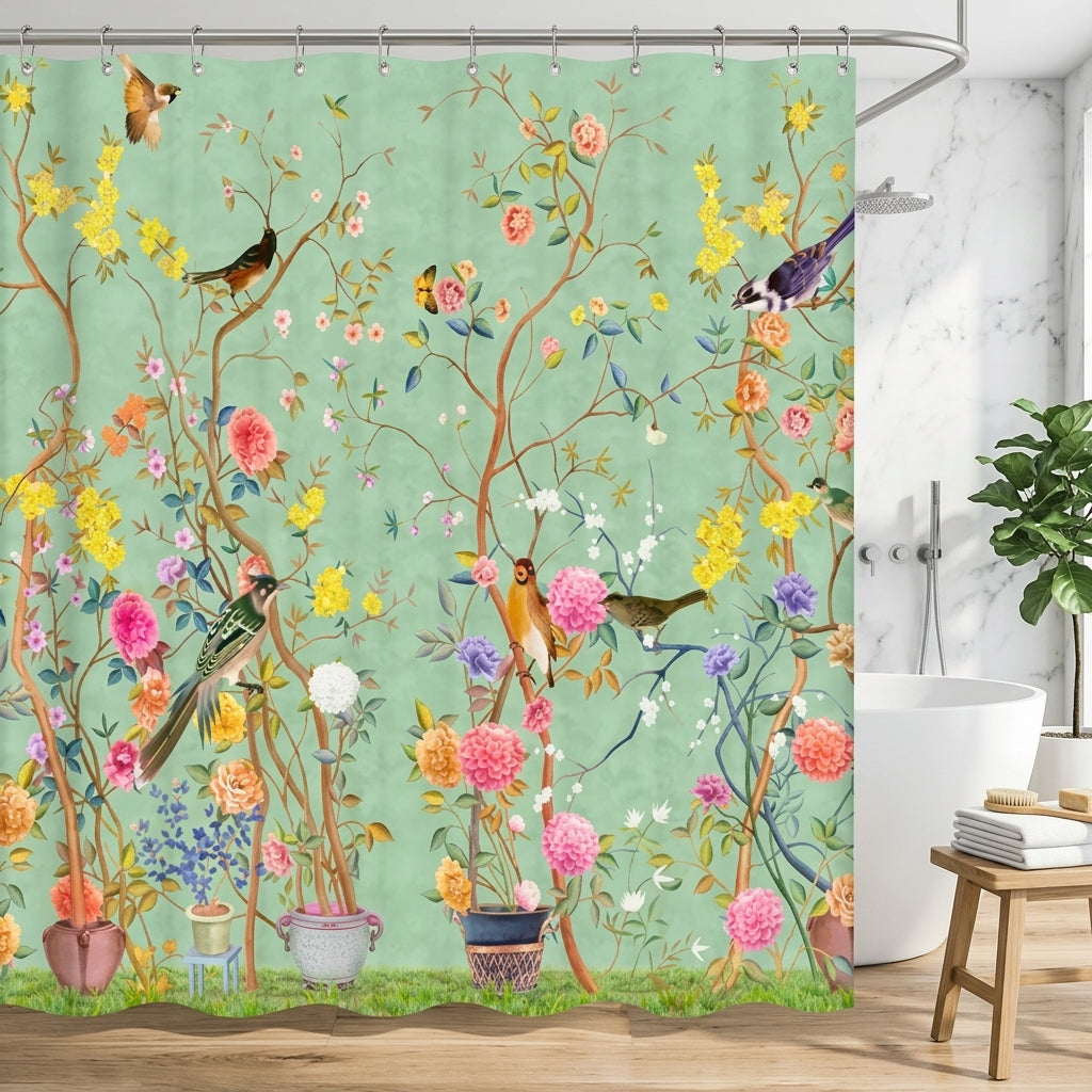 Shower Curtain With Floral Bird Pattern
