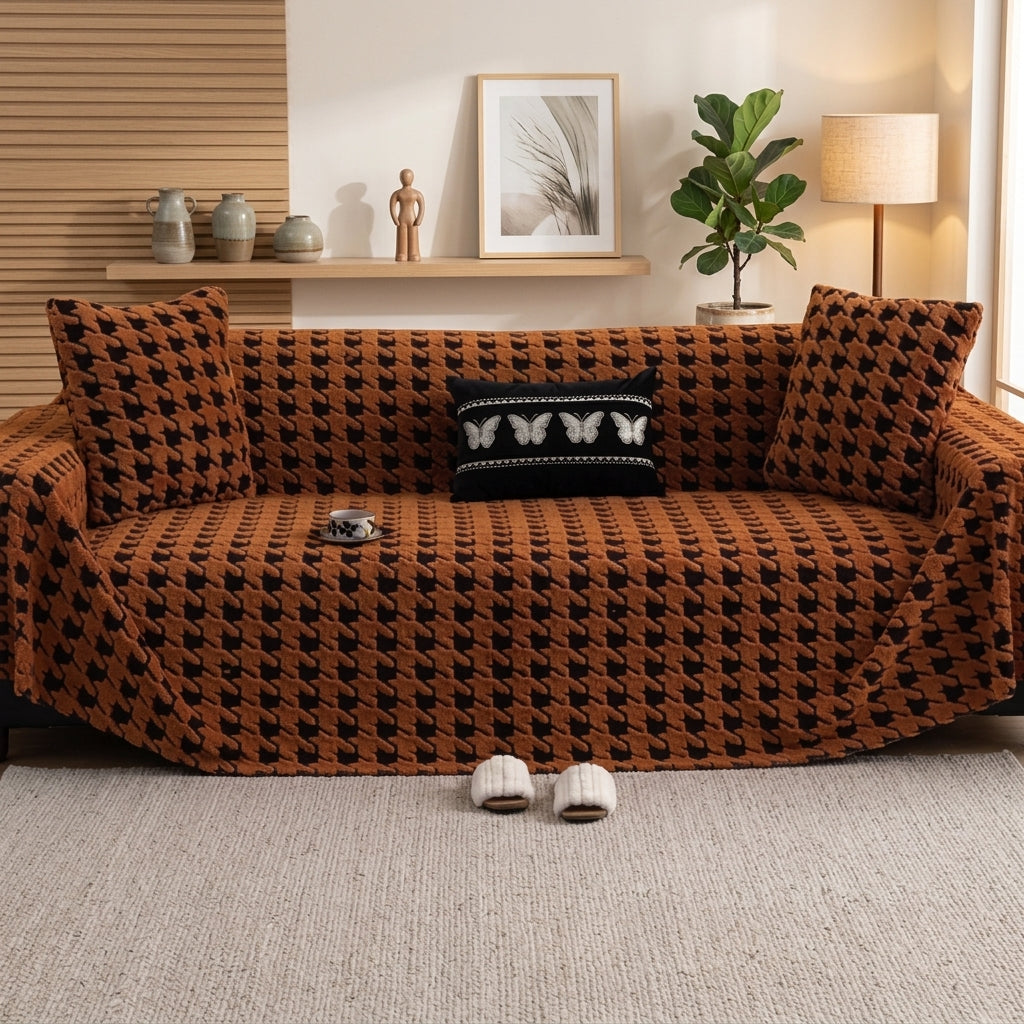 Quilted houndstooth universal sofa cover with non slip - brown