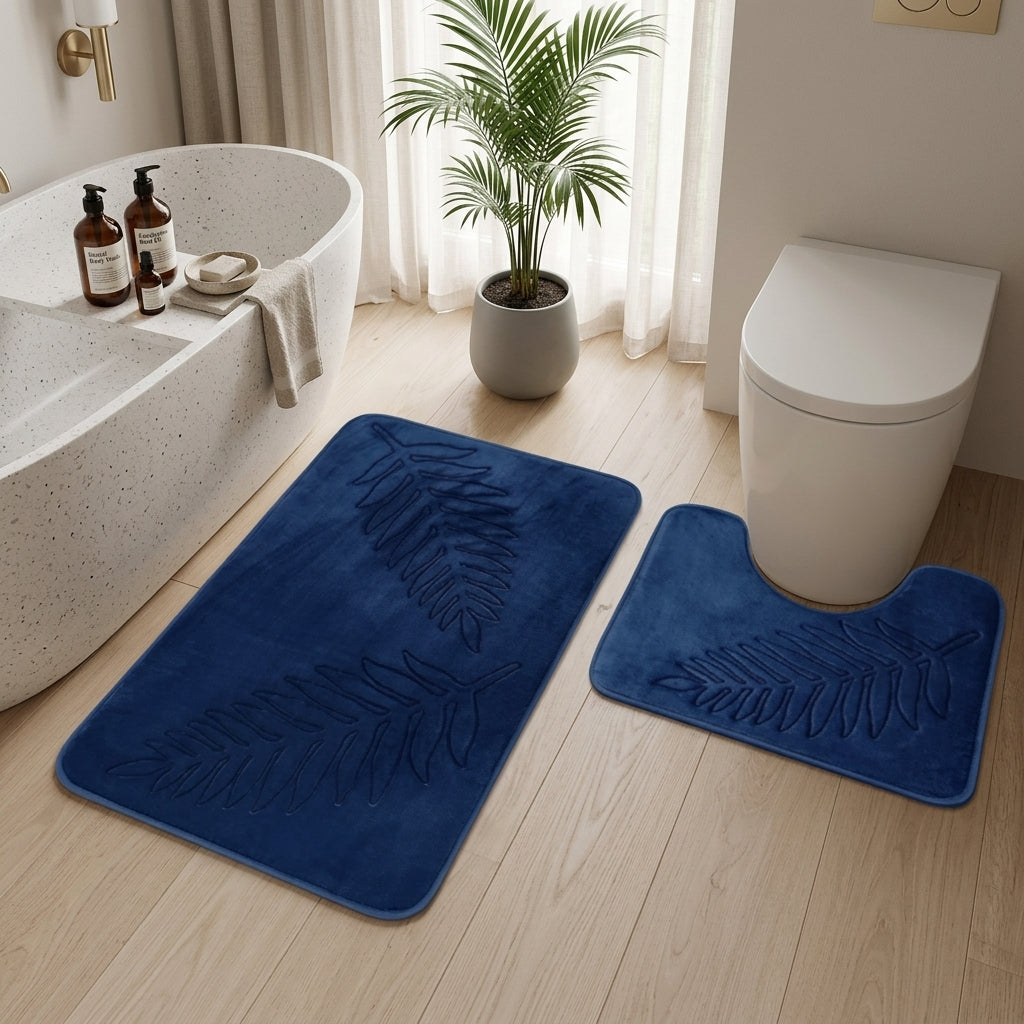 Leaf pattern non slip absorbent bathroom mat set - midnight oasis
