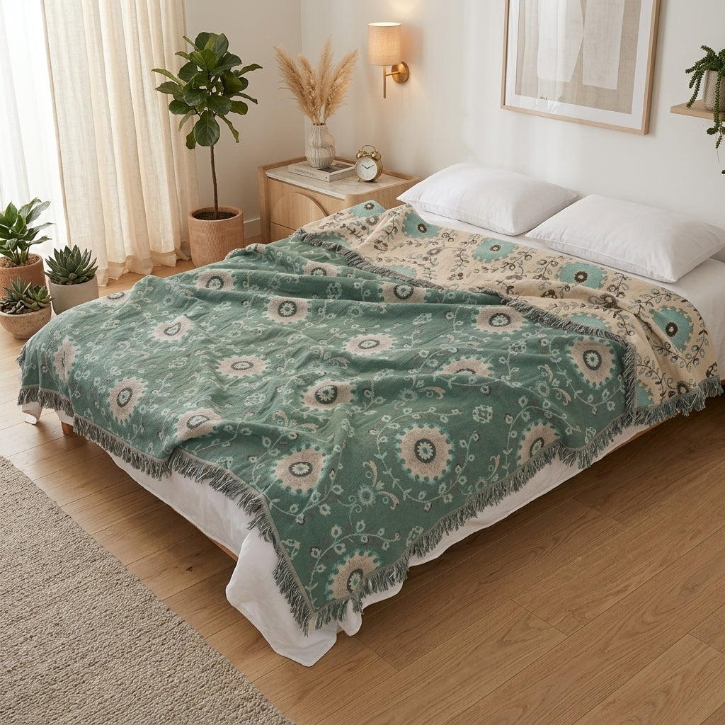Reversible mandala cotton summer blanket for bed and sofa - green