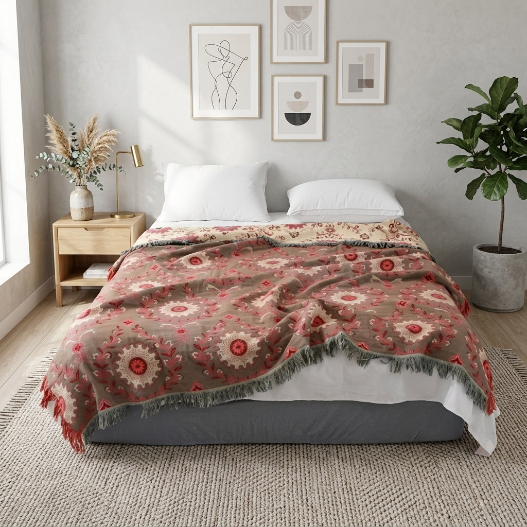 Reversible mandala cotton summer blanket for bed and sofa - red