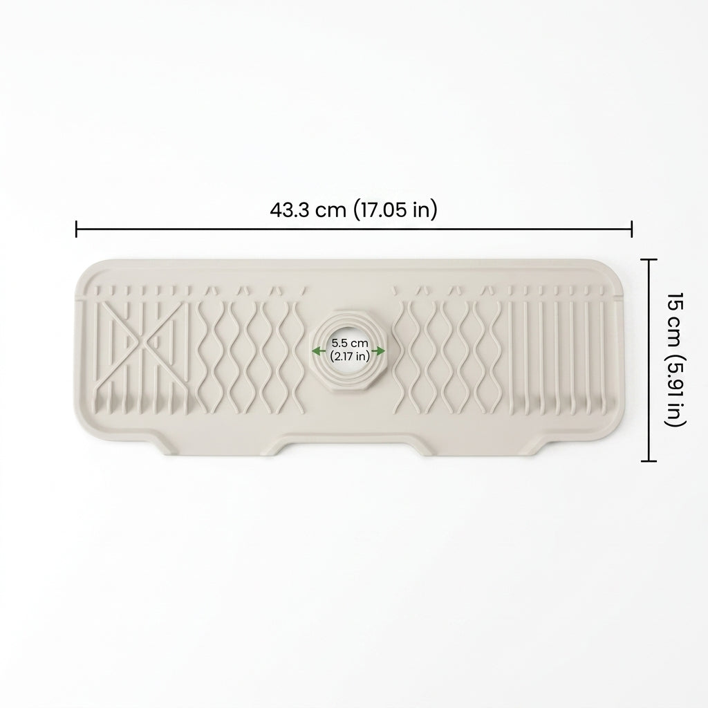 Silicone sink mat with drainage channels around faucet