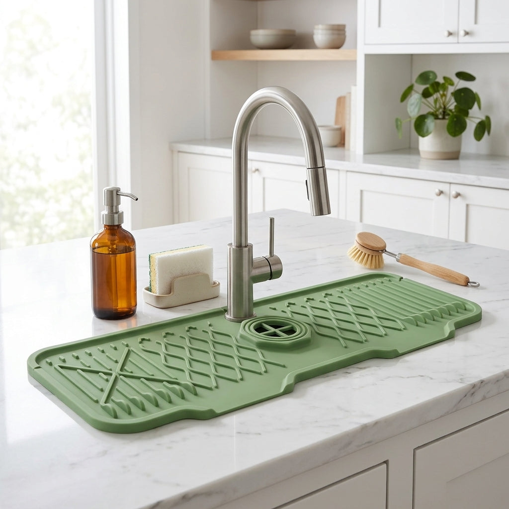 Silicone sink mat with drainage channels around faucet - leaf green