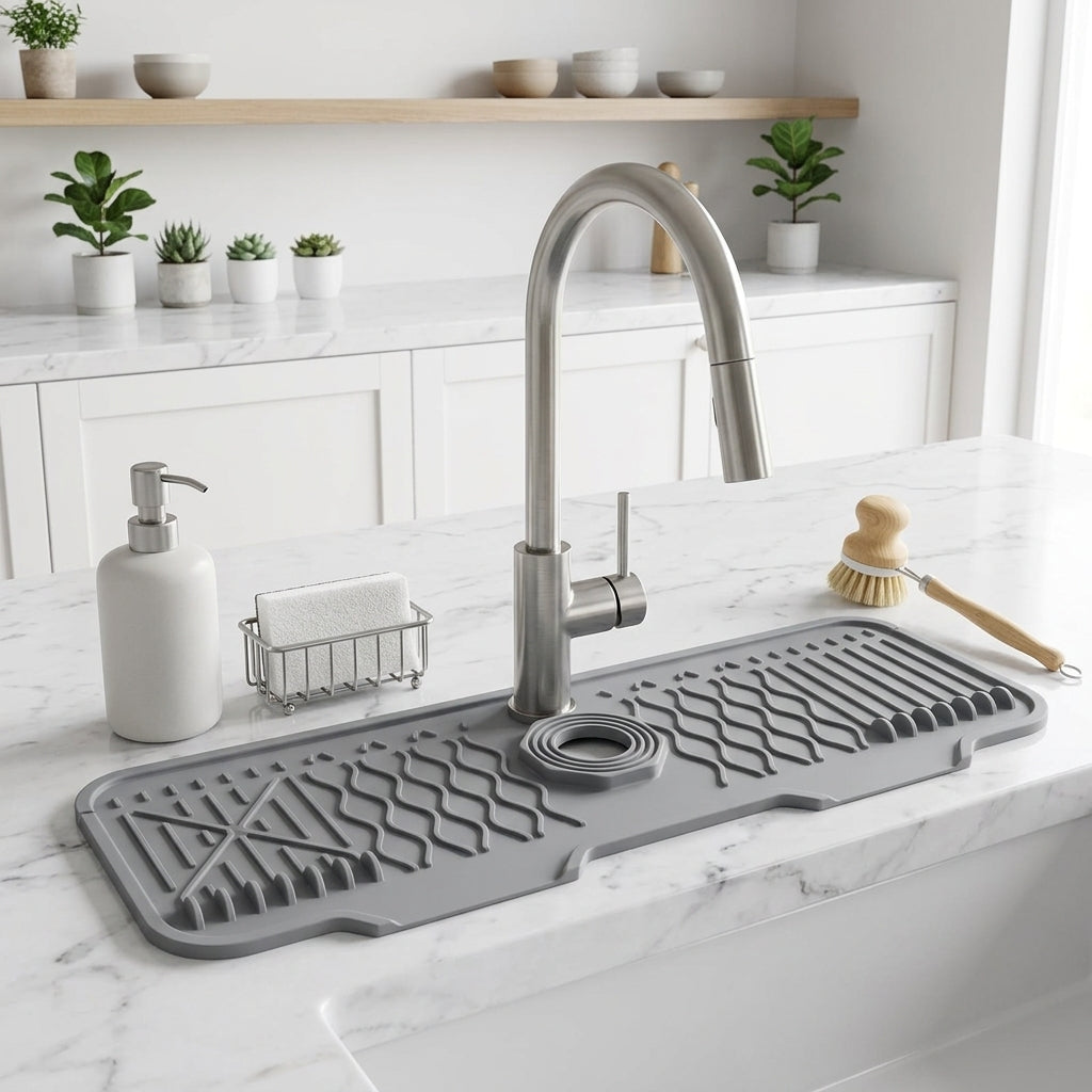 Silicone sink mat with drainage channels around faucet - cold gray