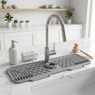 Silicone sink mat with drainage channels around faucet - cold gray