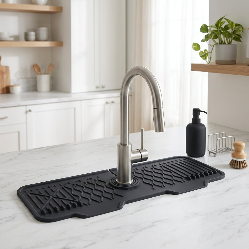 Silicone sink mat with drainage channels around faucet - opaque black
