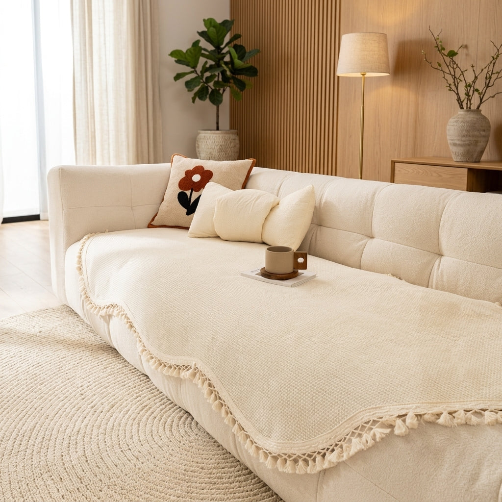 Reversible chenille sofa cover with decorative fringes - elegant cream