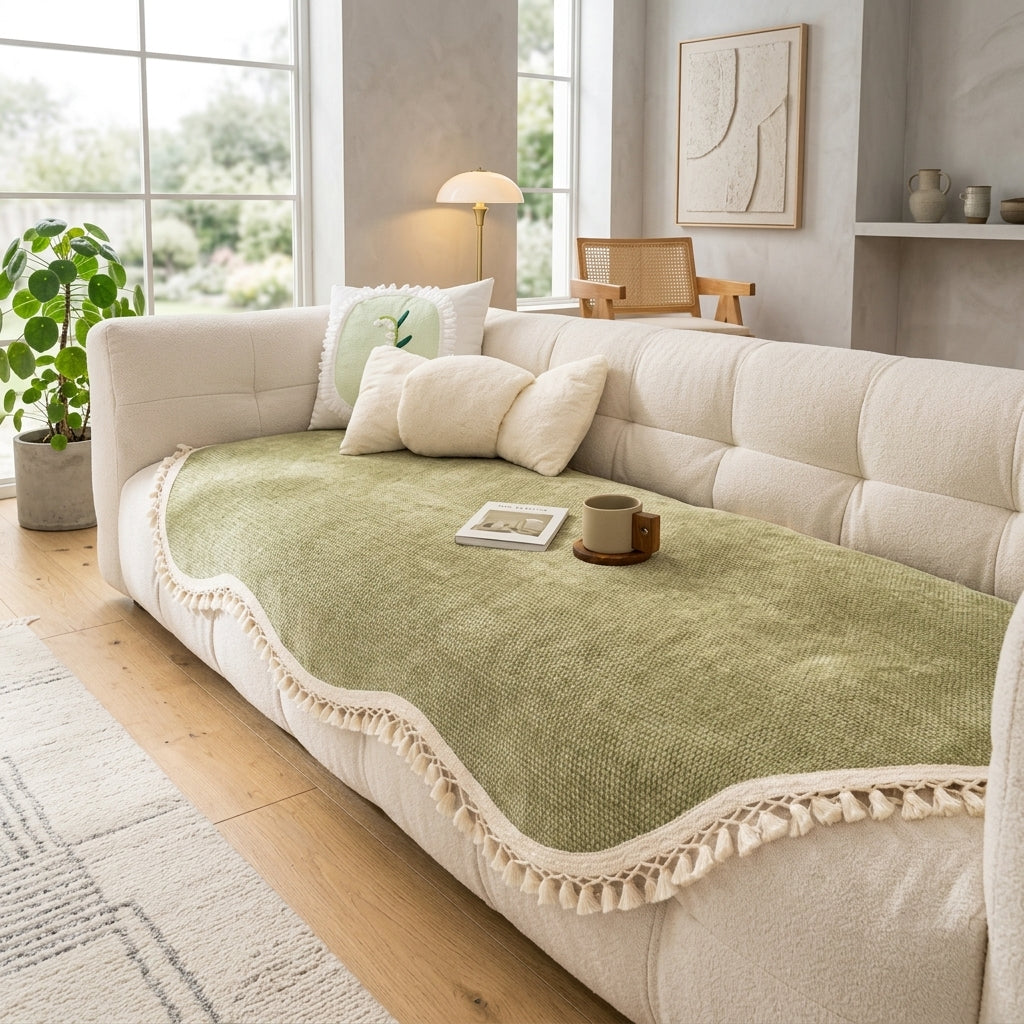 Reversible chenille sofa cover with decorative fringes - olive brown
