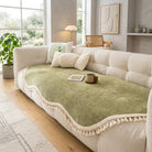 Reversible chenille sofa cover with decorative fringes - olive brown