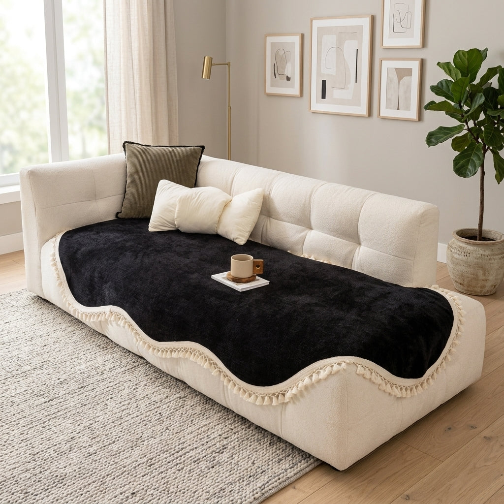 Reversible chenille sofa cover with decorative fringes - midnight luxury