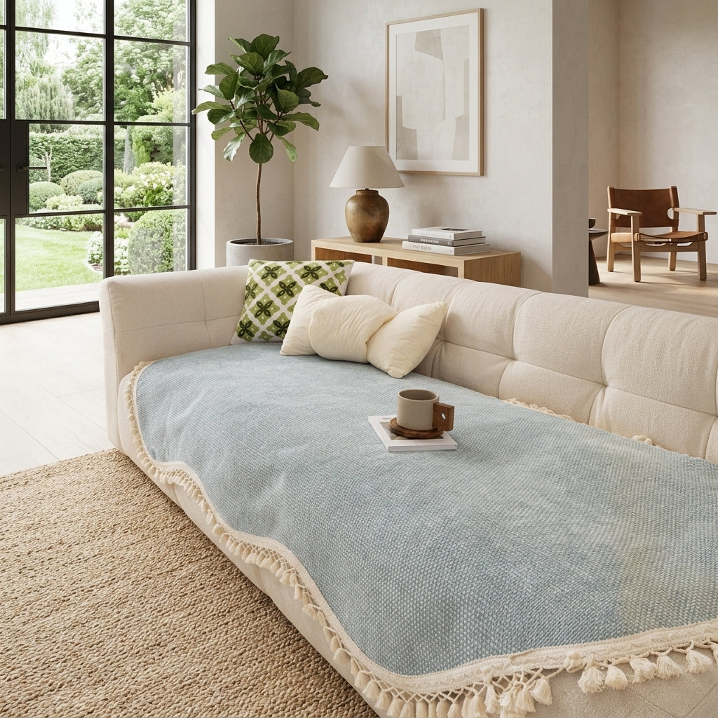 Reversible chenille sofa cover with decorative fringes - misty sky