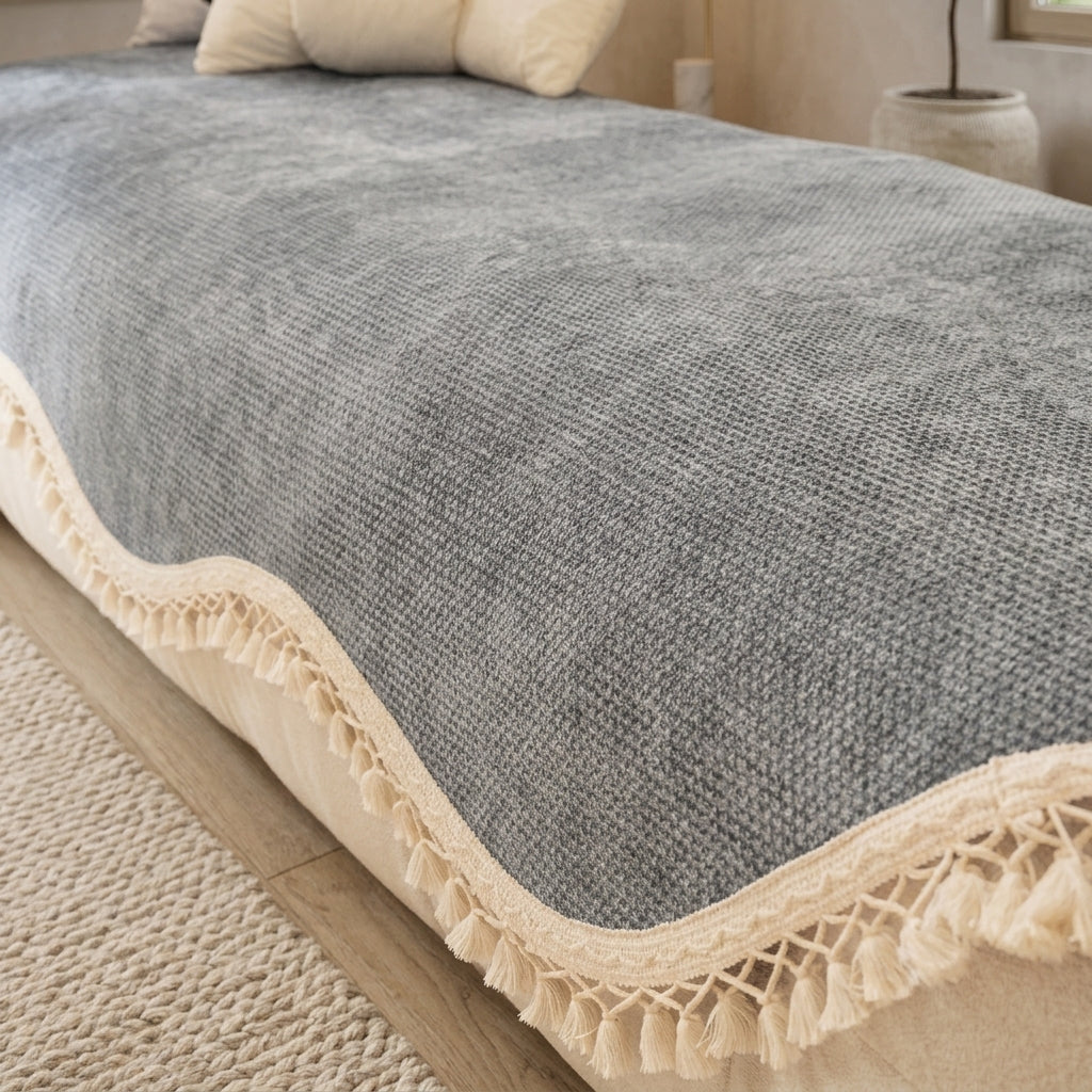 Reversible chenille sofa cover with decorative fringes - slate gray