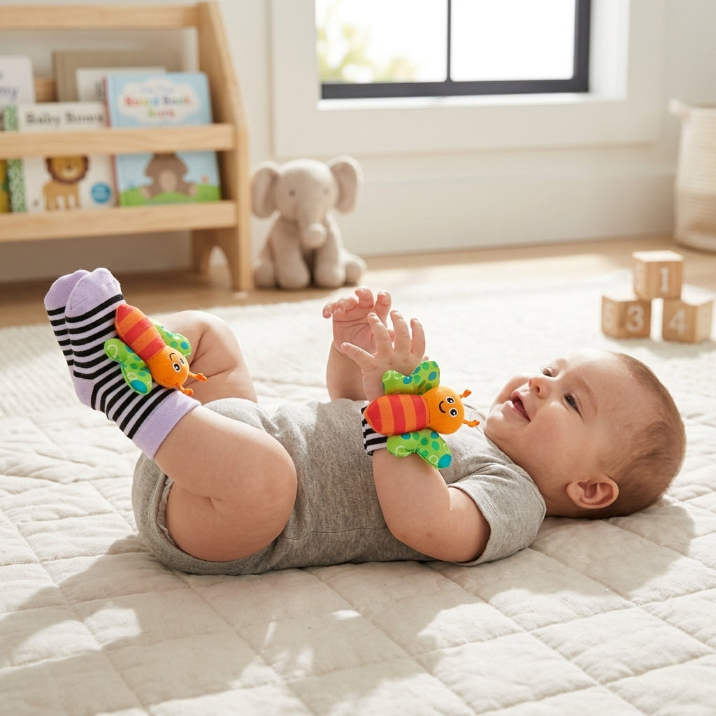Baby Rattle Socks and Wrist Straps Set with Animal Designs