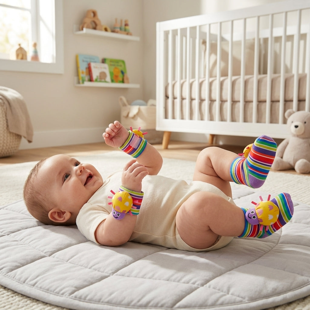 Baby Rattle Socks and Wrist Straps Set with Animal Designs