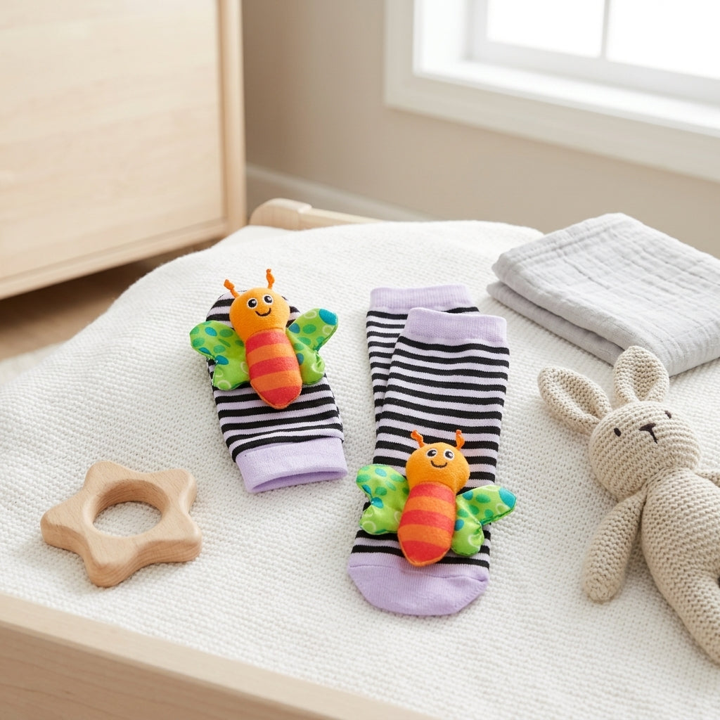 Baby Rattle Socks and Wrist Straps Set with Animal Designs