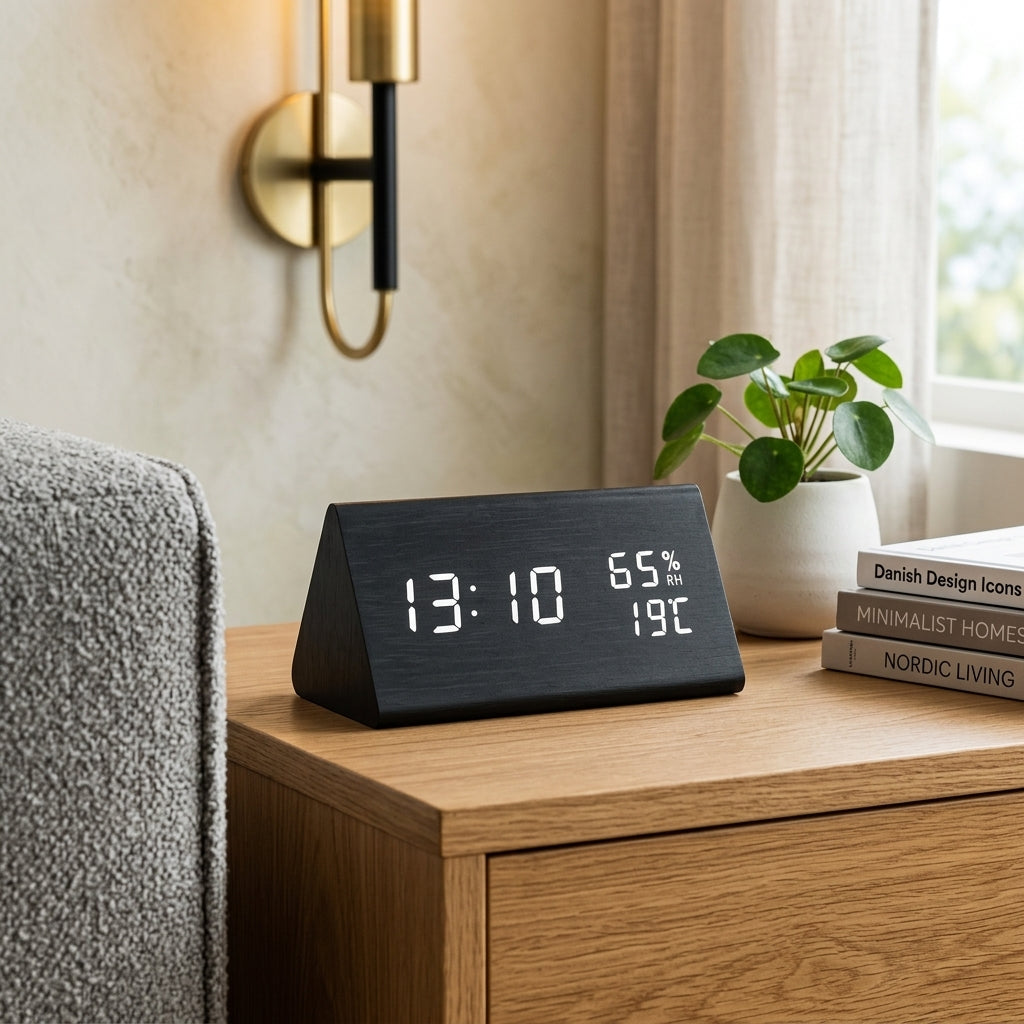 Digital Alarm Clock Modern Wood Effect LED - ebony black