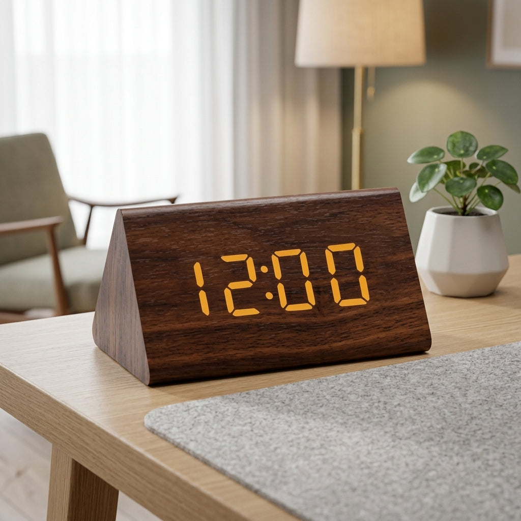 Digital Alarm Clock Modern Wood Effect LED - amber walnut
