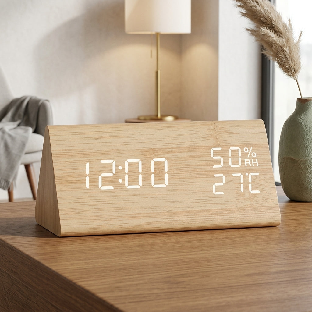 Digital Alarm Clock Modern Wood Effect LED - glowing bamboo
